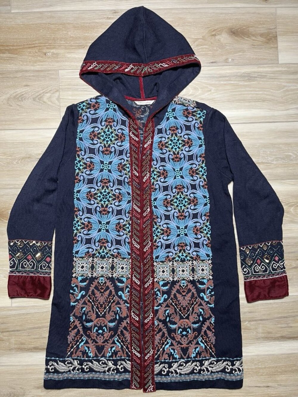 Soft Surroundings Lysa Embroidered Beaded Blue Hooded Cardigan -Women Size Large